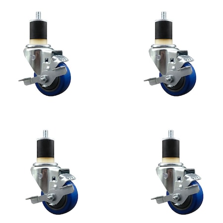 Service Caster 3'' Blue Poly Swivel 1-7/8'' Expanding Stem Caster Set with Brake, 4PK SCC-EX20S314-PPUB-BLUE-TLB-178-4